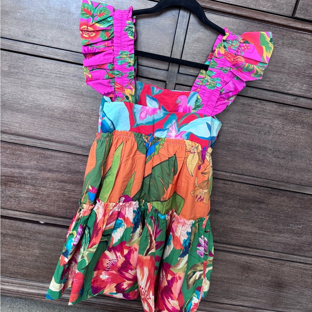 FARM Rio Tropical Floral Ruffle-Sleeve Dress in Pink, Orange, Green, Blue - Picture 2 of 4